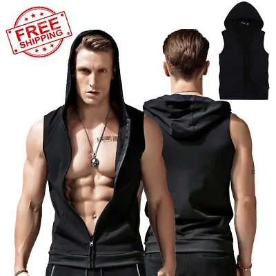 Sleeveless Zipper Hoodie Hooded Workout Men's Gym Bodybuilding Tank Top Vest • $15.99