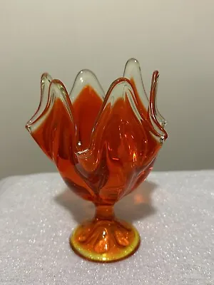 Viking Orange Glass 6 Petal Hankerchief Pedestal Bowl Vase • $42