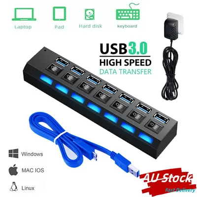 $18.69 • Buy 7 Ports USB 3.0 HUB Powered +High Speed Splitter Extender PC AC Cable Adapter