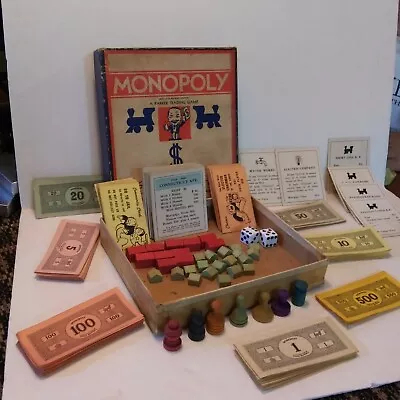 Antique  Monopoly Board And Pieces money 1935 • $69