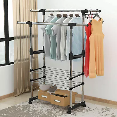 Heavy Duty Metal Double Rail Clothes Garment Hanging Rack Shelf Display Stand • £13.88