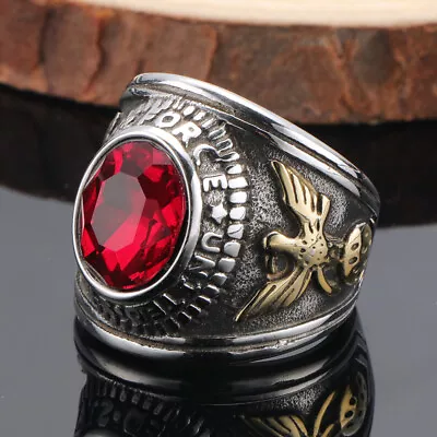 United States Eagle Red CZ Inlay  Air Force Army Ring Stainless Steel Size 7-13 • $14.98