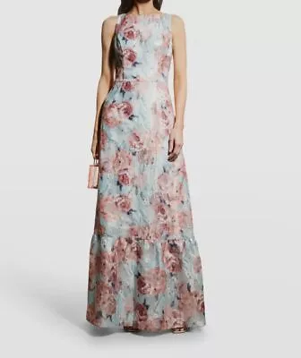 $595 Aidan Mattox Women's Blue A-Line Floral Jacquard Gown Dress Size 12 • $190.78