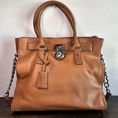 Michael Kors Hamilton Acorn Brown Saffiano Leather Shoulder Handbag Lock & Key • $39.99