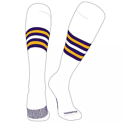 PEAR SOX Striped OTC Baseball Softball Football Socks (F) White Purple Gold • $15.99