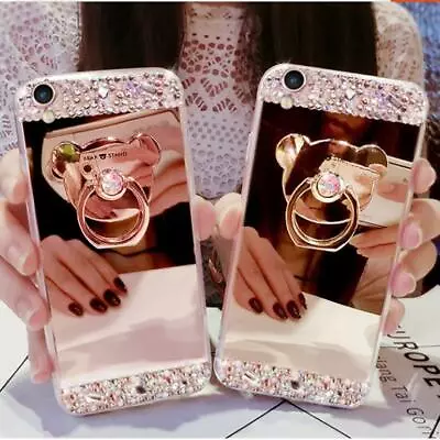 3D Girls' Mirror Bling Diamond Rhinestone Ring Kickstand Phone Soft Case Cover A • £10.79