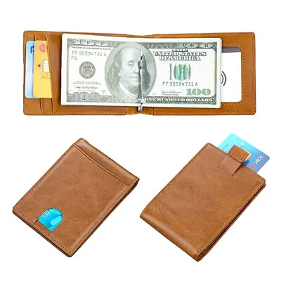 Genuine Leather Mens Thin Mini Clip Wallet RFID Blocking Foldable Wallet Handbag • $10.41