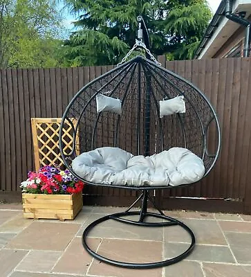 £179 • Buy Double Hanging Egg Chair Indoor Outdoor Garden Swing - Black With Grey Cushion