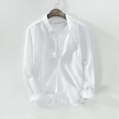 Men Baggy Solid Cotton Linen Long Sleeve Button Pocket Plus Size T Shirts Blouse • $19.43