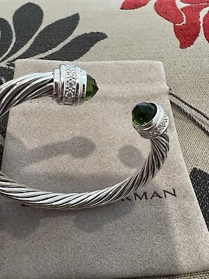 David Yurman Sterling Silver 7mm Cable Bracelet With  Peridot  And Diamonds • $450