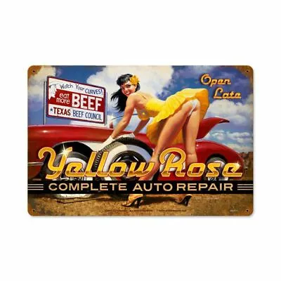 Yellow Rose Auto Repair Tire Girl Pin Up Metal Sign By Greg Hildebrandt • $129