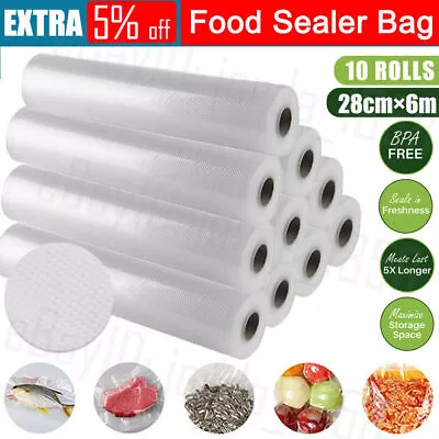 10 Rolls Vacuum Food Sealer Saver Bag Seal Storage Commercial Heat Grade 6MX28cm • $39.95