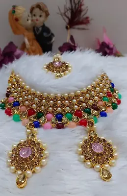 Indian Bollywood Gold Plated Kundan Choker Bridal Necklace Earrings Jewelry Set • $18.23