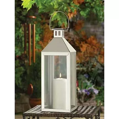 Stainless Steel Silver 15  Tall Candle Holder Lantern Malta Table Lamp Light • $40