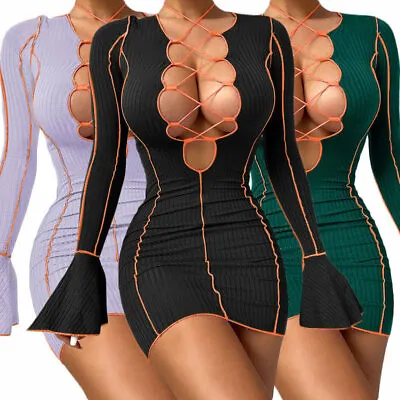 Women Stylish Long Sleeve Bandage Hollow Out Patchwork Bodycon Club Party Dress • $25.07