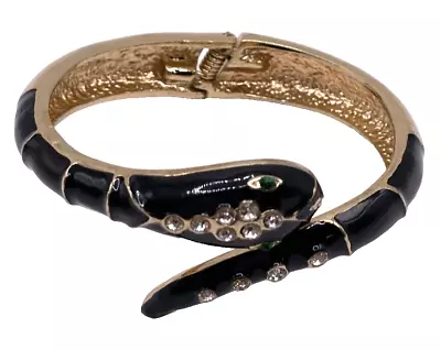 Vintage Snake Bracelet Rhinestone And Black Enamel Hinged Bangle • $39.99