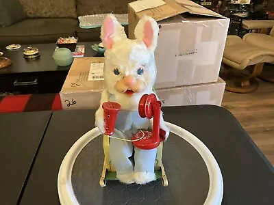 Vintage Tin Battery Operated Telephone Rabbit In Rocking Chair 1950s Japan • $124.99