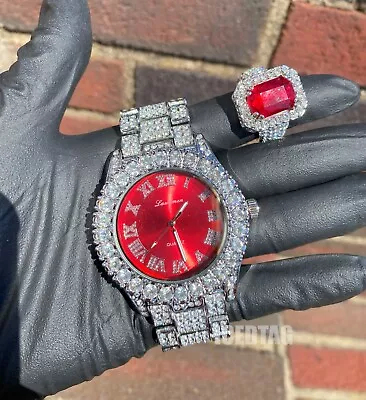 Hip Hop Iced Luxury Silver Pt Lab Diamond Red Dial Bling Watch & Ruby Ring Set • $37.99