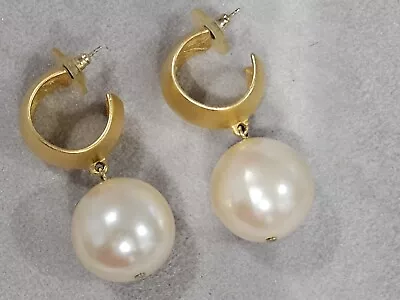 Vintage Givenchy Paris NY Huge Faux Dangle Pearl Gold Tone Post Earrings Runway • $49.99