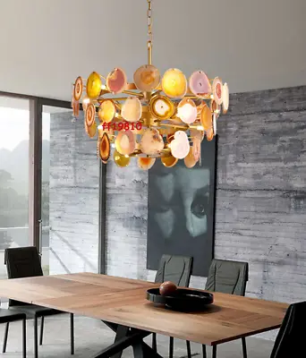 $899 • Buy Agate Chandelier Three Tiered Crystal Slices Gold Leaf Light Colorful Lamp Luxur