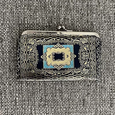 Vintage Italy Gold Blue Faux Leather Embossed Coin Change Purse Kiss Lock Clasp • $9