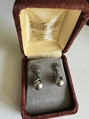 Vintage Sterling Silver Marcasite Gray Pearl Dangle Drop Earrings IN BOX • $24.99