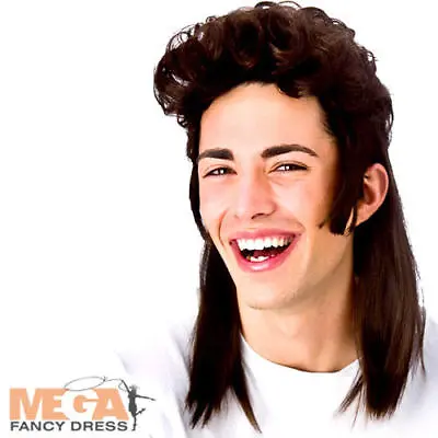 80s Brown Mullet Wig Mens Fancy Dress 1980s Rock Star Adults Costume Accessory • £11.99