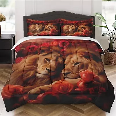 Comforter Set Queen Size With 2 Pillowcases Wild Lion Animal King Brother Be... • $92.18