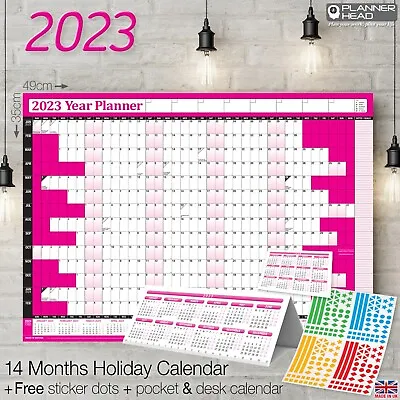 £3.99 • Buy 2023 Calendar Planner A3 Wall Chart HOT PINK + FREE Desk Calender & Sticker Dots