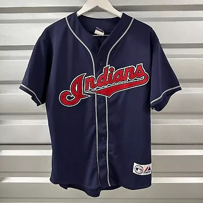 Vtg Cleveland Indians Majestic Navy Blue Jersey Martinez 41 USA Size L Button Up • $38.59