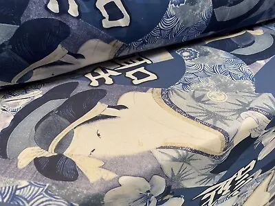 Printed Chiffon Woven Dress Fabric Per Metre - Japanese Geisha Print - Blue • £4.99