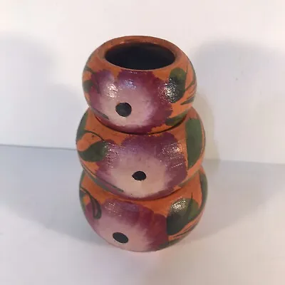 Stack Of Mexican Ceramic Pots Orange Background W-Purple Flowers EUC  • $18.99