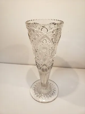 $26 • Buy Antique EAPG Clear Glass Starburst Zipper Sawtooth Pedestal Vase 8.75 T