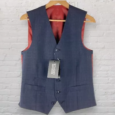 Stvdio Jeff Banks Waistcoat Wool Mix 36R Navy Blue Check Plaid Wedding Occasion • $16.42