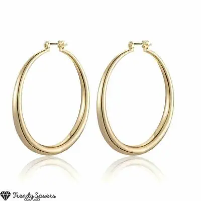 14K Gold Colored Lightweight Chunky Hoops Gold Hoop Earrings For Women 35MM • £4.99