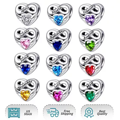 Women Real 12 Months Birthstone Heart Charm 925 Sterling Silver Bracelet Charm • $17.98