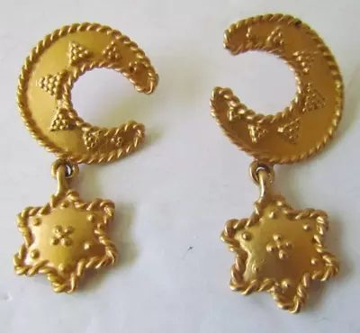 Vtg.ANN KLEIN Gold-Tone Dangle Textured Pierced Earrings - 2 L - Moon/Star Shape • $25