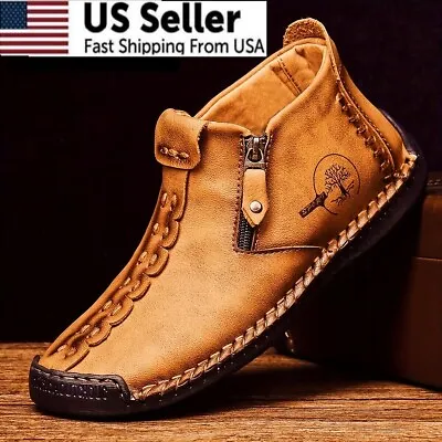 Men's Stitched Causal Moccasin Shoes High Top Stitched Boots With Zipper • $35.87