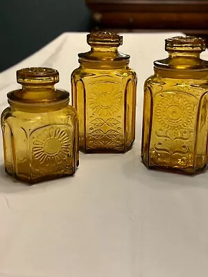 Set Of 3 Vintage Wheaton Amber Glass Sunflower Jar/Canister W/Lids • $50