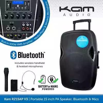Kam RZ15AP 15  1000W Portable PA Speaker With Bluetooth & 2 Wireless Microphones • £239