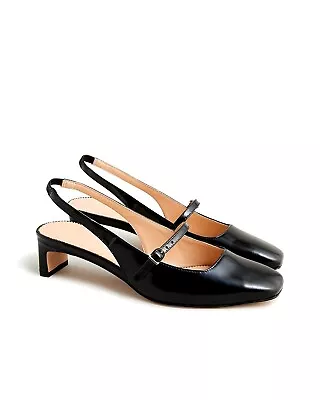 J CREW Layla Slingback Mary Jane Heels In Spazzolato Leather In Black 7 1/2 New • $98