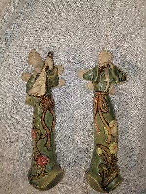 2 Green 10 1/4  Dragonfly Woman Angel W Music Guitar And FLUTE FigurineS Pottery • $45.99