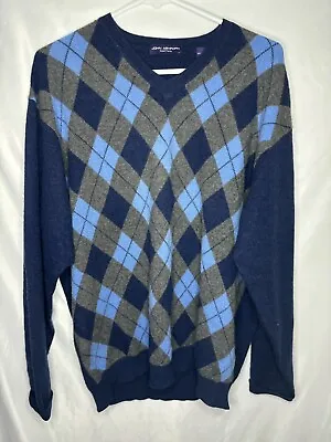 John Ashford Mens 100% Cashmere Argyle Sweater V Neck Navy Blue /Gray Size Large • $29.90