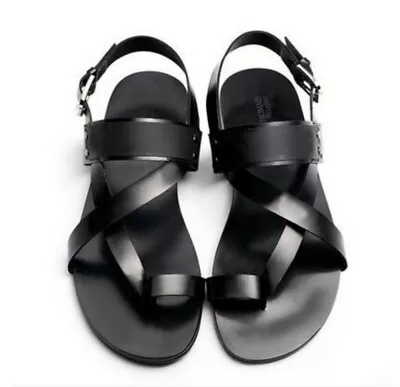 Men's Thong Sandals Summer Flats Clip On Roman Real Leather Gladiator Shoes Size • $65.31