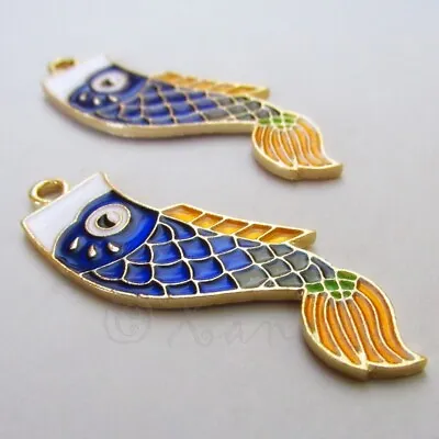 Koi Fish Charms 49mm Gold Plated Blue Enamel Pendants C5163 - 1 2 Or 5PCs • $1.50