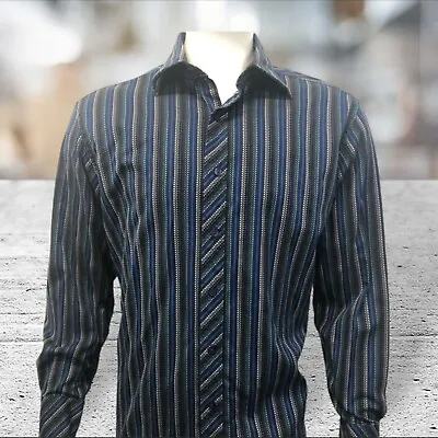 J.Ferrar Modern Fit Long Sleeve Shirt Blue Stripe 80/2 Mercerized Button Down Lg • $16.99