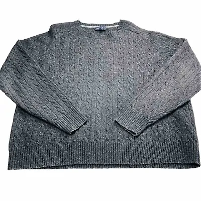 Lands End Cable Knit Sweater Mens XL Charcoal Merino Wool Blend Crew Fisherman • $24.97