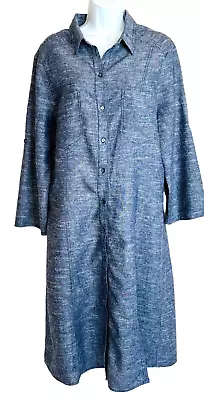 Max Studio Linen  Dress Womens Size Large Blue Button Up Modest Roll Tab Sleeve • $29.95