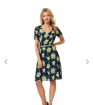 Review Farrah Floral Dress Womens Size 10 Blue Floral V-Neck Puff Sleeves A-Line • $50
