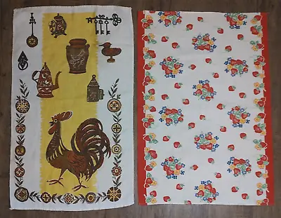 2 Vintage MCM Linen Dish Tea Towels Rooster Strawberries • $15